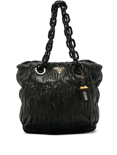 Pre-owned Prada Ruched Chain Tote In Black