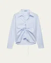 Prada Ruched Laced Collared Blouse In Blue