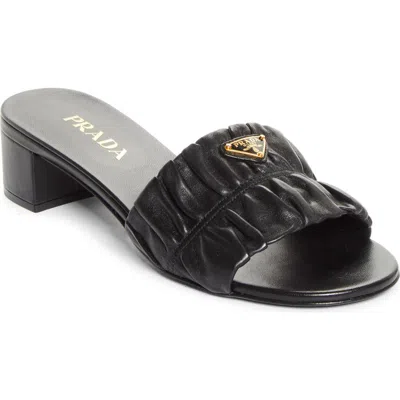 Prada Ruched Logo Sandal In Black