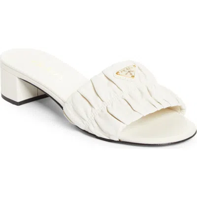 Prada Ruched Logo Sandal In White
