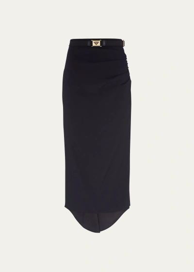 Prada Ruched Sable Belted Midi Skirt In F0002 Nero