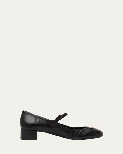 Prada Ruched Toe Mary Jane Leather Pumps In Black