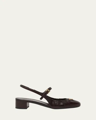 Prada Ruched Toe Mary Jane Leather Pumps In Brown