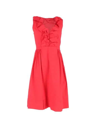 Pre-owned Prada Ruffle V-neck Midi Dress In Red