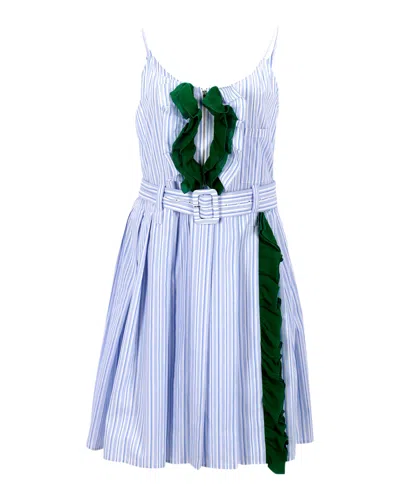 Prada Ruffled Striped Mini Dress In Light Blue Cotton