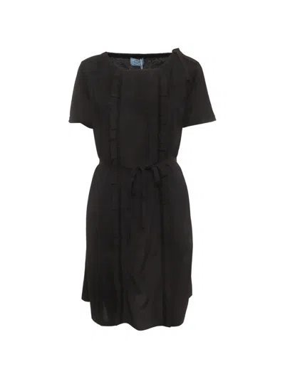 Pre-owned Prada Ruffle-trimmed Belted Midi Dress In 黑色