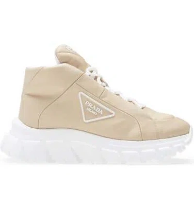 Pre-owned Prada Rush Piuma Nylon Beige White Platform Flat High Top Trainer Sneaker 39.5