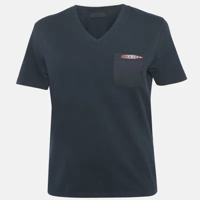 Pre-owned Prada S Midnight Blue/black Cotton Rubber Logo Nylon Pocket V-neck T-shirt S