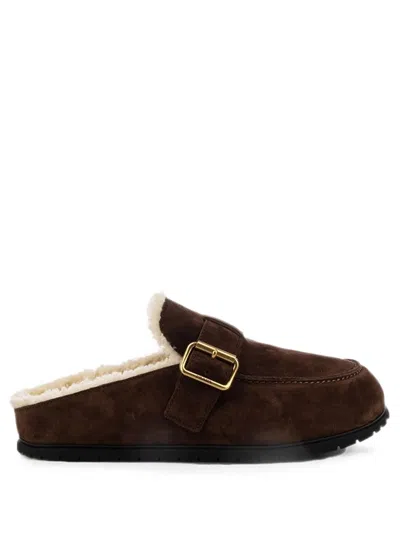 Prada Suede Slippers With Buckle And Sheepskin Lining In Black
