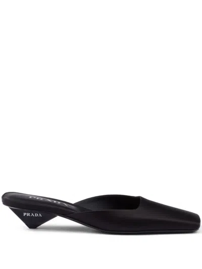 Prada Square Toe Satin Mules In Black