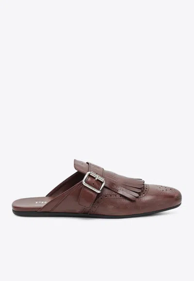 Prada Shuffle Fringed Leather Mules In Brown