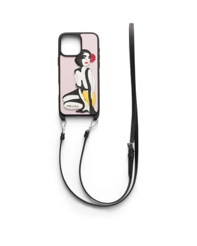 Prada Saffiano And Crocodile Leather Cover For Iphone 16 Pro Max With Shoulder Strap In Black