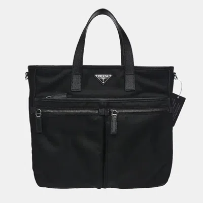 Pre-owned Prada Saffiano & Re-nylon Tote Bag In Black