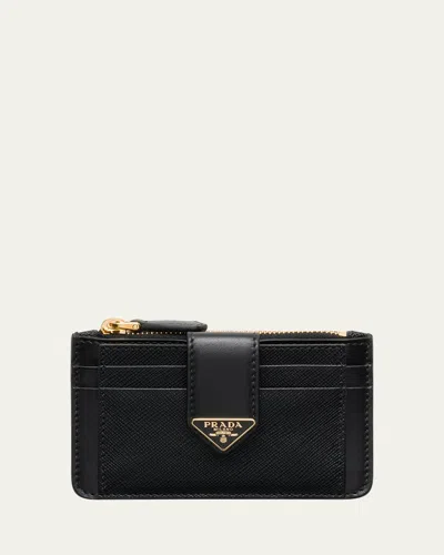 Prada Saffiano & Smooth Leather Card Holder In Black