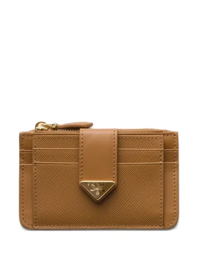 Prada Saffiano And Smooth Leather Card Holder In Brown