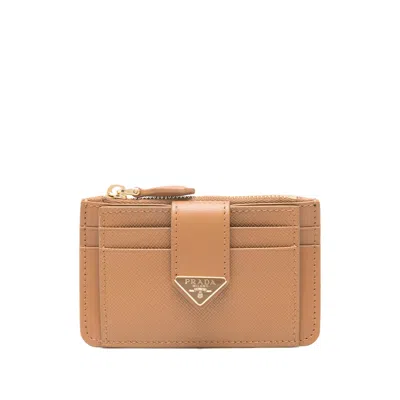 Prada Saffiano And Smooth Leather Card Holder In Neutral
