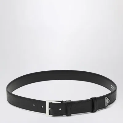 Prada Saffiano Leather Belt With Enameled Triangle Logo In Black