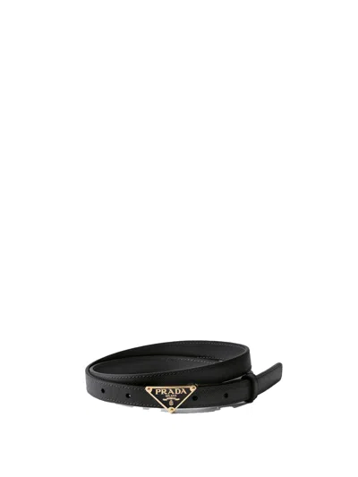 Prada Gold Metal Buckle Saffiano Leather Belt In Black