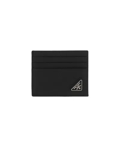 Prada Saffiano Black Calf Leather Card Holder In Blue