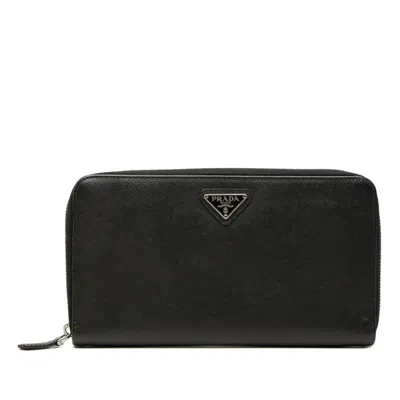 Pre-owned Prada Saffiano Black Leather Long Wallet (bi-fold) ()