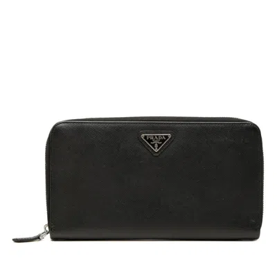 Pre-owned Prada Saffiano Black Leather Long Wallet (bi-fold) ()