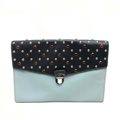 Pre-owned Prada Saffiano Black Light Blue Leather Clutch Bag () In Black, Light Blue