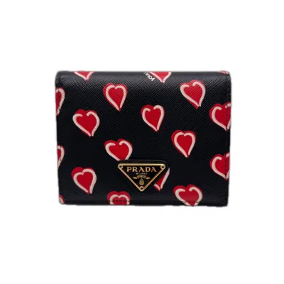 Pre-owned Prada Saffiano Black Red Color Saffiano Wallet (bi-fold) () In Black, Red Color