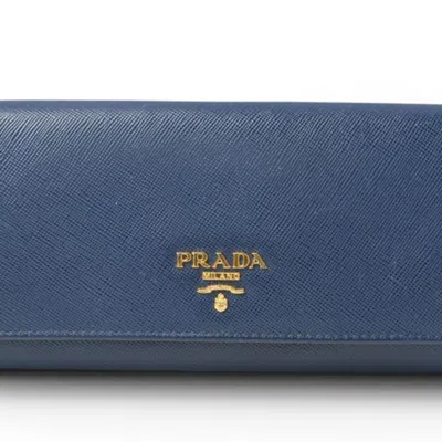 Pre-owned Prada Saffiano Blue Bluette Leather Long Wallet (bi-fold) () In Blue, Bluette