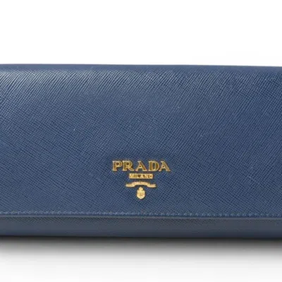 Pre-owned Prada Saffiano Blue Bluette Leather Long Wallet (bi-fold) () In Blue, Bluette