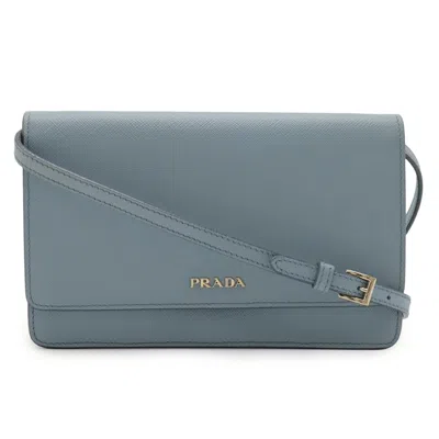 Pre-owned Prada Saffiano Blue Light Blue Saffiano Leather Chain/shoulder Wallet () In Blue, Light Blue