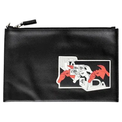 Pre-owned Prada Saffiano Comic Patch Pouch - '20s In Black