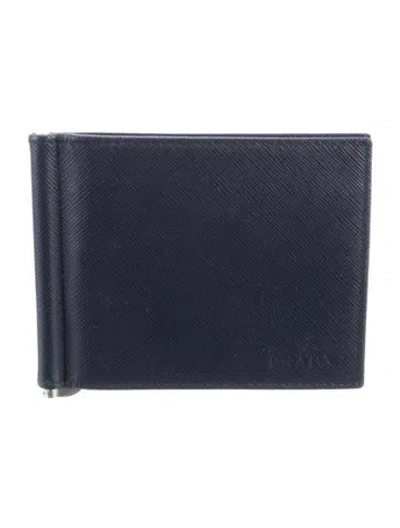 Pre-owned Prada Saffiano Cuir Leather Bifold Wallet In Blue