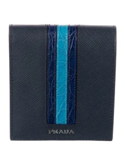 Pre-owned Prada Saffiano Cuir Leather Bifold Wallet In Blue