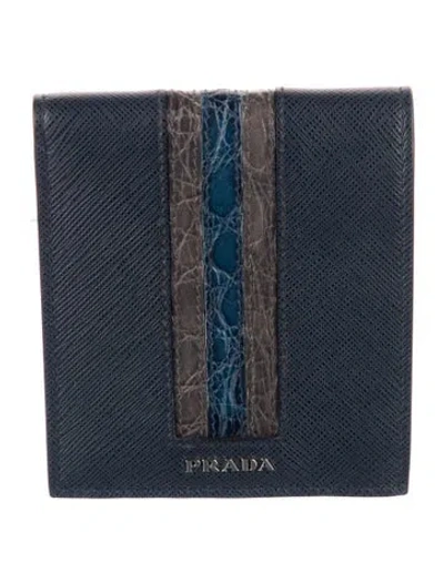 Pre-owned Prada Saffiano Cuir Leather Bifold Wallet In Blue