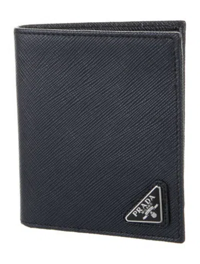 Pre-owned Prada Saffiano Cuir Leather Bifold Wallet In Blue
