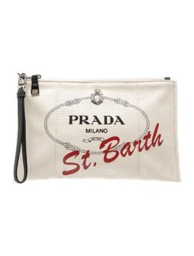 Pre-owned Prada Saffiano Cuir Leather Canvas St. Barth Pouch In Neutrals