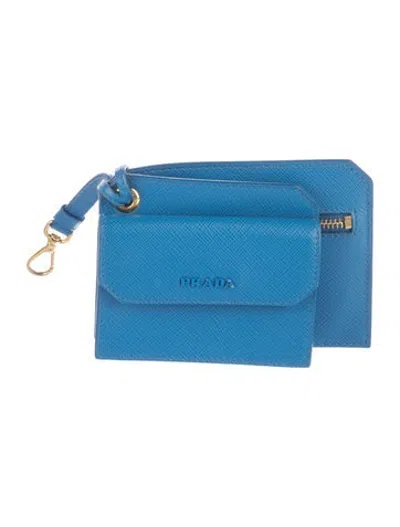Pre-owned Prada Saffiano Cuir Leather Card Holder In Blue