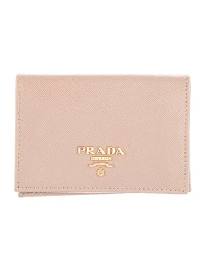 Pre-owned Prada Saffiano Cuir Leather Card Holder In Neutral