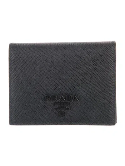Pre-owned Prada Saffiano Cuir Leather Compact Wallet In Black