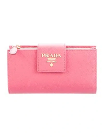Pre-owned Prada Saffiano Cuir Leather Compact Wallet In Pink