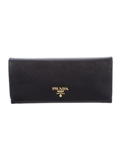 Pre-owned Prada Saffiano Cuir Leather Continental Wallet In Black