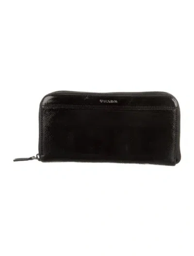 Pre-owned Prada Saffiano Cuir Leather Continental Wallet In Black