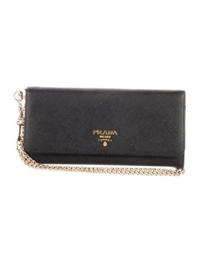 Pre-owned Prada Saffiano Cuir Leather Continental Wallet In Black
