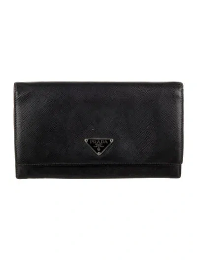 Pre-owned Prada Saffiano Cuir Leather Continental Wallet In Black