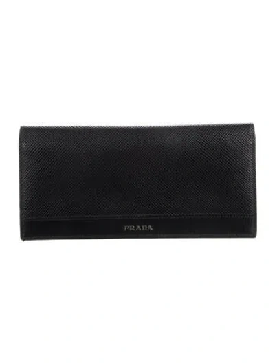 Pre-owned Prada Saffiano Cuir Leather Continental Wallet In Black