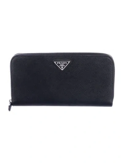 Pre-owned Prada Saffiano Cuir Leather Continental Wallet In Black