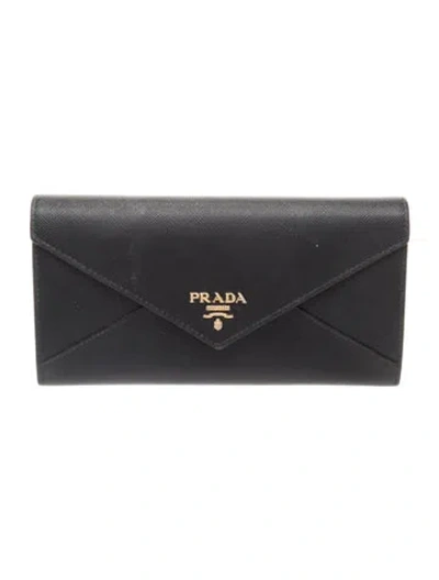 Pre-owned Prada Saffiano Cuir Leather Continental Wallet In Black