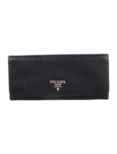 Pre-owned Prada Saffiano Cuir Leather Continental Wallet In Black