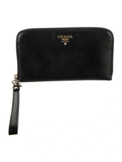 Pre-owned Prada Saffiano Cuir Leather Continental Wallet In Black