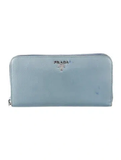 Pre-owned Prada Saffiano Cuir Leather Continental Wallet In Blue